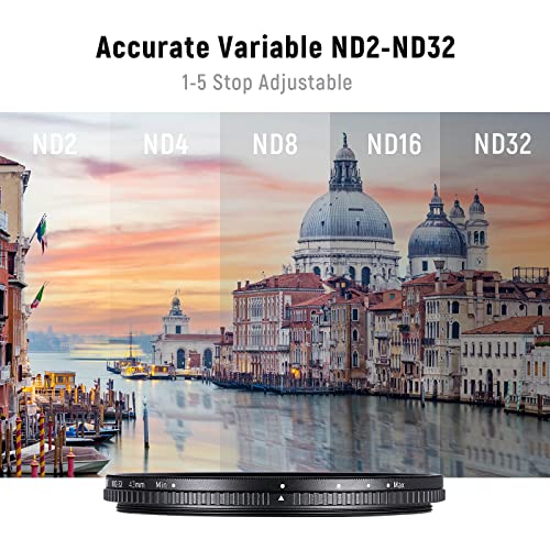 NEEWER 46mm Variable ND Filter ND2-ND32(1-5 Stops) Adjustable Neutral Density Filter/No X Cross/Ultra Slim Aluminum Alloy Frame/Optical Glass/Multi Layer Nano Coated/Water Repellent/Scratch Resistant