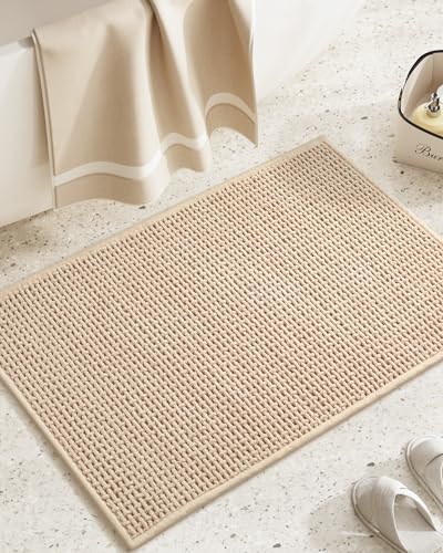 Color&Geometry Chenille Rubber Backed Beige Bathroom Rugs- Non Slip, Absorbent, Quick Dry, Washable- 16"x24" Small Bath Mat Thin Bathroom Rugs Fit for Small Bathroom