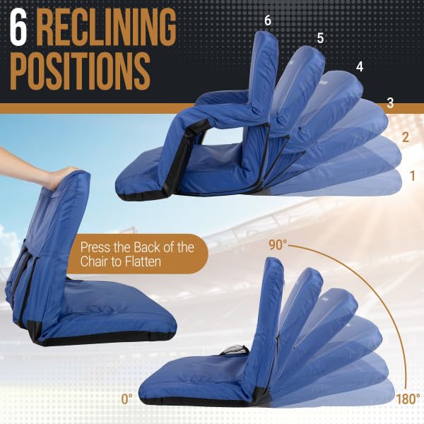 Home-Complete Wide Stadium Seat Chair - Bleacher Cushion with Padded Back Support, Armrests, 6 Reclining Positions and Portable Carry Straps (Blue)