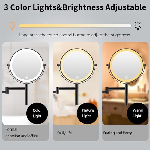 LANSI 8" Wall Mounted Makeup Mirror with Handle, 3 Color Lights Dimmable and 1X/10X Magnification, Rechargeable Bathroom Wall Mount Magnifying Mirror with Extension Arm Height Adjustable Black