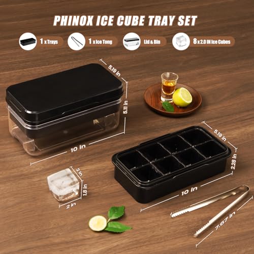 PHINOX Large Ice Cube Tray with Lid and Bin, Ice Trays for Freezer, 2 INCH Whiskey Ice Cubes Mold, 1*8 pcs Square Ice Cube Mold with Tong, Easy to Release, Large Ice Tray for Whiskey Cocktail Bourbon