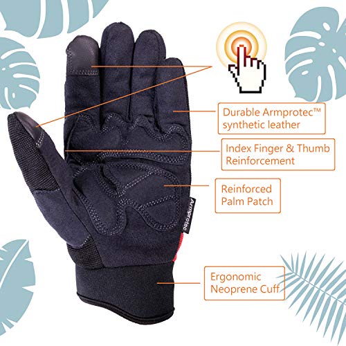 SKYDEER Touch Screen Leather Work Gloves for Men, Impact Protection, Vibration Reduction, Machine Washable Gardening Gloves (SD8820/M)