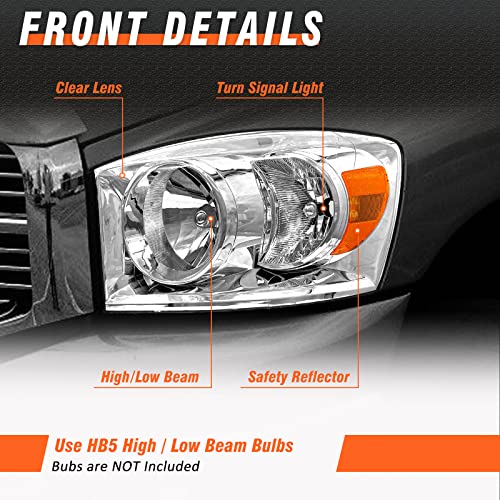 AXLAHA 2006-2008 Dodge Ram Headlights Assembly for 2006 2007 2008 Dodge Ram 1500/2006 2007 2008 2009 Dodge Ram 2500 3500 Chrome Housing Amber Reflector Replacement Driver and Passenger Side