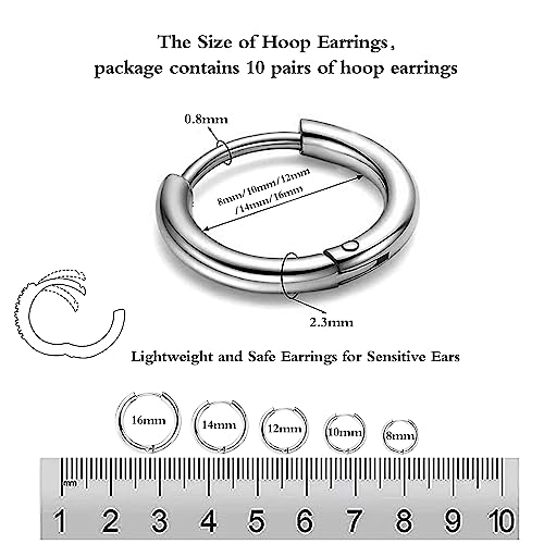 BOUTIQUELOVIN 10 Pairs Stainless Steel Hoop Earrings for Men Small Black Hoop Earrings Set Mens Hypoallergenic Huggie Hoop Earrings