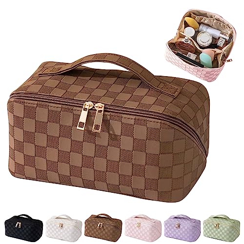MINGRI Large Capacity Travel Cosmetic Bag for Women,Portable PU Leather Checkered Makeup Bag Water Resistant,Flat Open Multifunctional Storage Toiletry Bag with Divider and Handle (Brown)