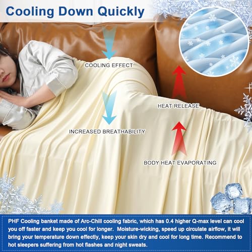PHF Reversible Double Cooling Blanket Throw Size,Soft Arc-Chill Q-Max>0.5 Thin Summer Single Layer for Hot Sleepers,Breathable Lightweight Portable Silky for Home Office Travel Car,Alabaster Gleam