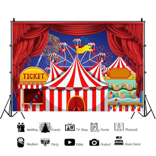 YongFoto Circus Theme Backdrop 15x10ft Red White Striped Tent Night Star Balloons Stage Red Curtain Photography Background Kids Birthday Baby Shower Carnival Night Party Banner Clown Portrait Prop