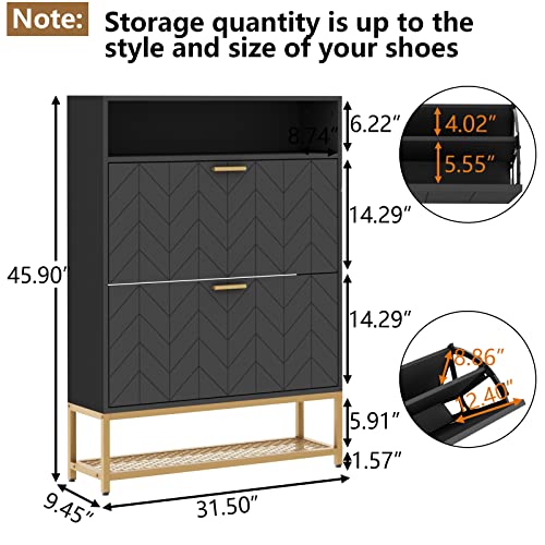 Loomie Shoe Cabinet, Free Standing Tipping Bucket Shoe Rack Organizer with 2 Flip Drawers,Entryway Narrow Shoe Storage with Shelf & Top Cubby,Modern Slim Hidden Cabinet With Doors (Black)