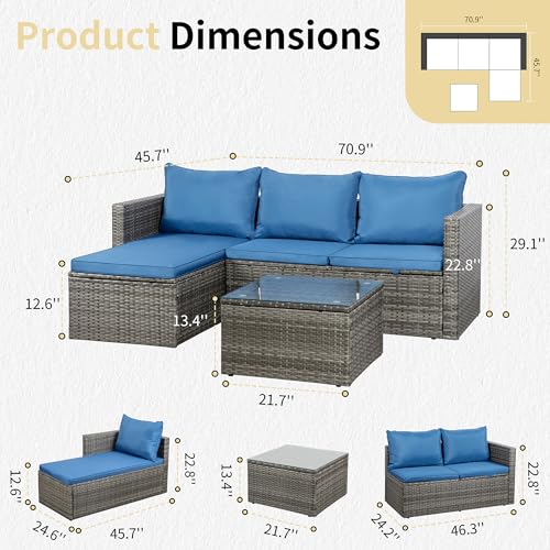 JAMFLY Patio Furniture Set 3 Piece Outdoor Sectional Patio Sofa, All-Weather Wicker Rattan Outdoor Furniture Set with Glass Table and Cushions,Grey