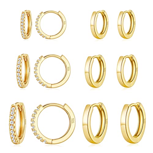 6 Pairs Gold Huggie Hoop Earrings Sterling Silver Hypoallergenic 8/10/12mm Hoop Earrings Set for Women/Men