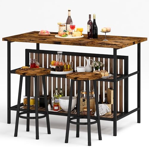 DKLGG Dining Table Set for 2 with Storage, Modern Kitchen Island with Seating 3 Piece Kitchen & Dining Room Sets Island Table for Small Space, Apartment, Home Bar, Brown