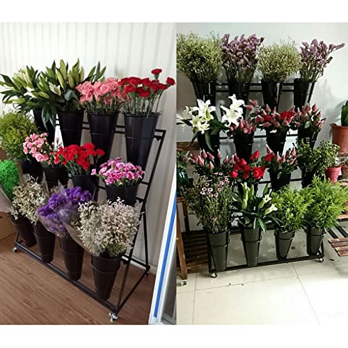 Decorative Flower Display Stand with Buckets for Cut Flowers, Heavy Duty Rolling Plant Stand on Wheels, Indoor Outdoor Flower Cart Ladder Shelf for Florist, Garden, Patio (3 Tier 6 Black Bucket)