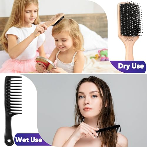 Bsisme Hair Brush-Boar Bristle Hairbrush with Detangling Pins Wooden Paddle Detangler Hairbrush for Women Men Reduce Frizz Dry Restore Natural Shine