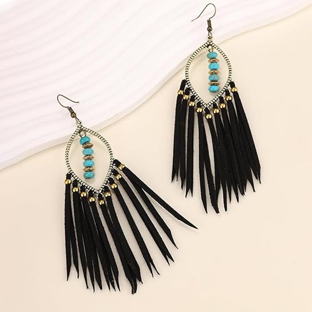 WZJLY 1 Pair of Zinc Alloy Turquoise Copper Beads Bohemian Pure Handmade Tassel Earrings (Black)