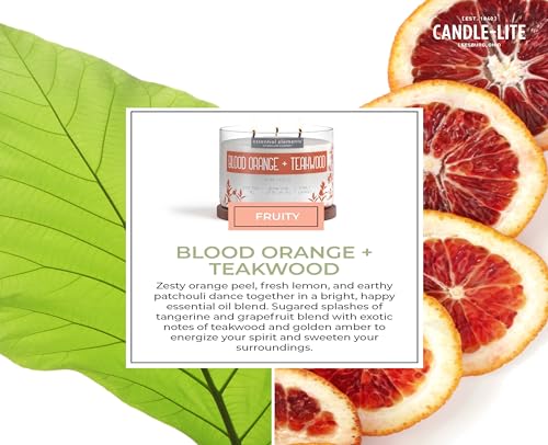 Essential Elements by Candle-lite Scented Candles, Blood Orange & Teakwood Fragrance, One 14.75 oz. Three-Wick Aromatherapy Candle with 45 Hours of Burn Time, Off-White Color