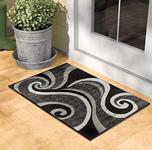 GLORY RUGS Area Rug 2x3 Black Grey Door Mat Modern Swirls Carpet Bedroom Living Room Contemporary Dining Accent Sevilla Collection 4817