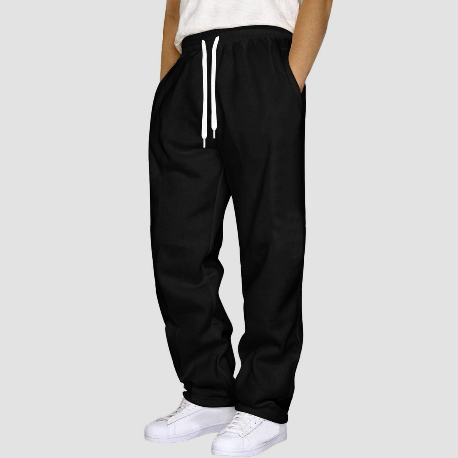 Mens Sweatpants Open Bottom Baggy Casual Drawstring Straight Leg Sweat Pants for Men Joggers Gym Athletic Trousers Black