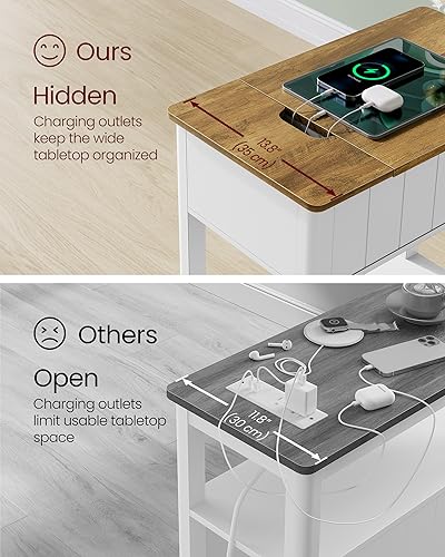 VASAGLE Side Table with Charging Station, End Table with USB Ports and Outlets, Nightstand with Storage, for Living Room, Bedroom, Modern Farmhouse Style, Rustic Walnut and White ULET318T14V1