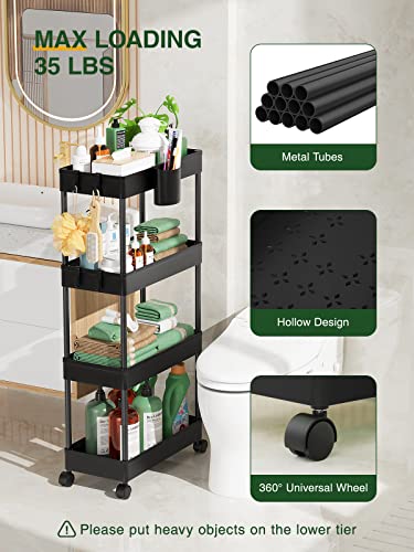 LEHOM Slim Rolling Storage Cart - 4 Tiers Bathroom Organizer Utility Cart Slide Out Storage Shelves Mobile Shelving Unit for Kitchen, Bedroom, Office, Laundry Room, Small Narrow Spaces Black