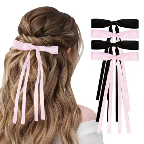 NYXXZ Hair Bow Clip, 4 Pcs Ribbon Bowknot Tassel Long Tail Hair Bow Clips for Girls, Women's Hair Accessories, Black, 4.1*2.75 inches(Length*Width), 4 Count