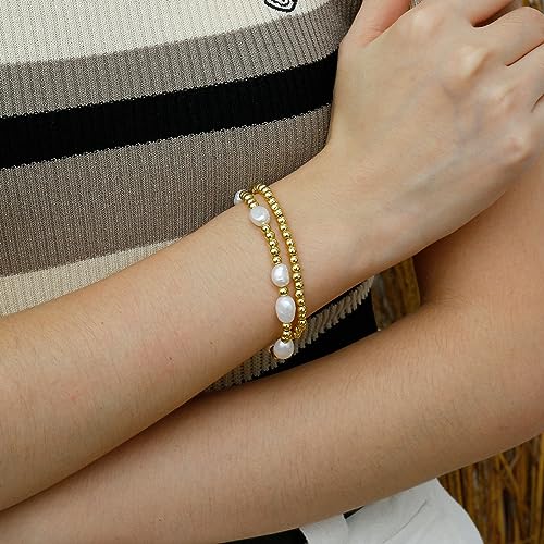 Gold Pearl Beaded Bracelets for Women Baroque Pearl Stackable14K Gold Plated Stretch Bead Ball Bracelet Jewelry Gifts （2PCS)