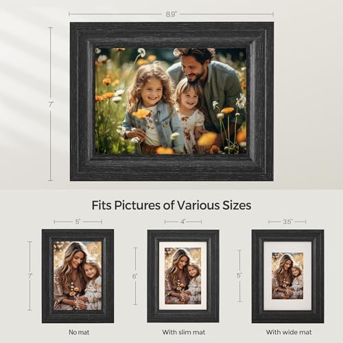 SONGMICS 5x7 Picture Frames with 6 Mats for Wall, Set of 3, Collage Photo Frames for 5x7, 4x6, 3.5x5 Pictures, Hanging or Table Display, Glass Front, 5 Non-Trace Nails, Ash Black URPF045B01