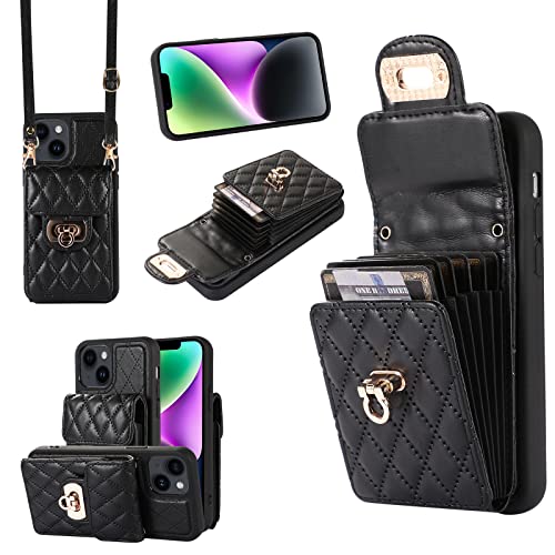 Phone Case for iPhone 14 Plus 6.7 inch Wallet Cover with Credit Card Holder Crossbody Strap Long Lanyard Leather Cell Accessories i-Phone 14+ iPhone14Plus 5G i i14 + iPhone14 14Plus Women Girls Black