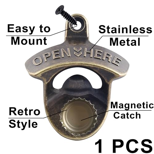 HAIICEN Antique Bronze Wall Mounted Bottle Cap Opener with Magnets, Retro Magnetic Bottle Top Opener Post Mount for BBQ KTV Kitchen