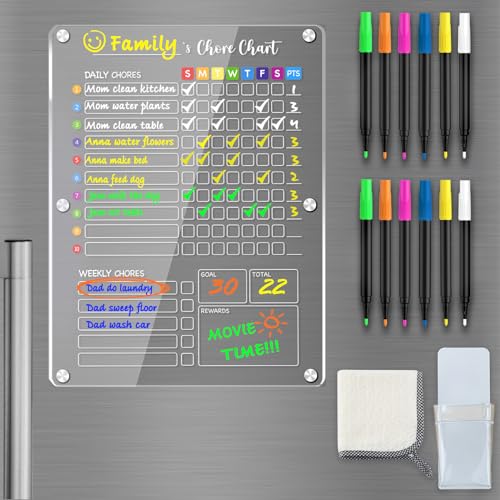 PigPotParty Magnetic Acrylic Chore Chart for Kids, 12"x 16" Responsibility Chore Chart for Fridge, 1Pcs Weekly Dry Erase Board for Kids Teens Adults, Includes 12 Markers/Towel