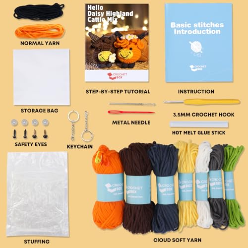 Crochet Kit for Beginners Adults - Cow Starters Crocheting Animal Kits for Kids, DIY Craft Birthday Gift with Crochet Yarns, Hook, Step-by-Step Video, Instruction and Crochet Accessories