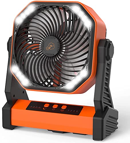 KITWLEMEN Solar Camping Fan with Light, 4 Speeds Rechargeable Battery Powered Fan with Timer, 90° Folding Portable Desk Fan for Hurricane Outages Outdoor Camping Fishing