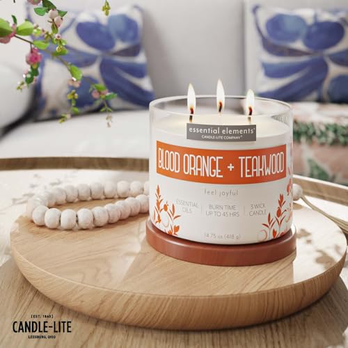 Essential Elements by Candle-lite Scented Candles, Blood Orange & Teakwood Fragrance, One 14.75 oz. Three-Wick Aromatherapy Candle with 45 Hours of Burn Time, Off-White Color