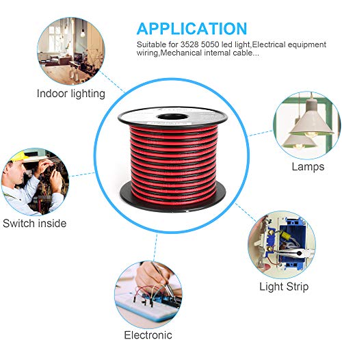 TYUMEN 100FT 12/2 Gauge 2pin 2 Color Red Black Cable Hookup Electrical Wire LED Strips Extension Wire 12V/24V DC Cable, 12AWG Flexible Wire Extension Cord for LED Ribbon Lamp Tape Lighting