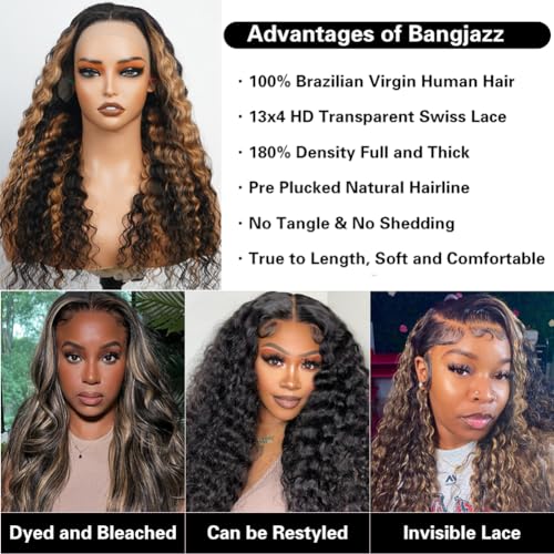 bangjazz 13x4 Deep Wave Lace Front Wigs Human Hair 180% Density Curly Lace Frontal Human Hair Wigs for Black Women #Fb/27 Human Hair HD Lace Wigs Black with Blonde Colored Lace Frontal Wig 16 Inch
