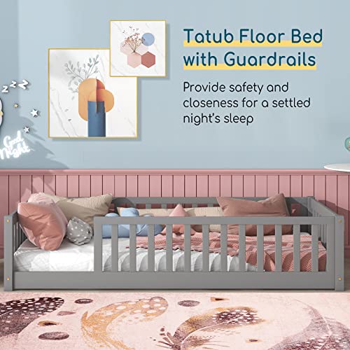 Tatub Twin Floor Bed for Kids with Safety Guardrails and Door and Slats, Wood Kids Montessori Floor Bed Frame for Girls and Boys, Twin-White Without Door