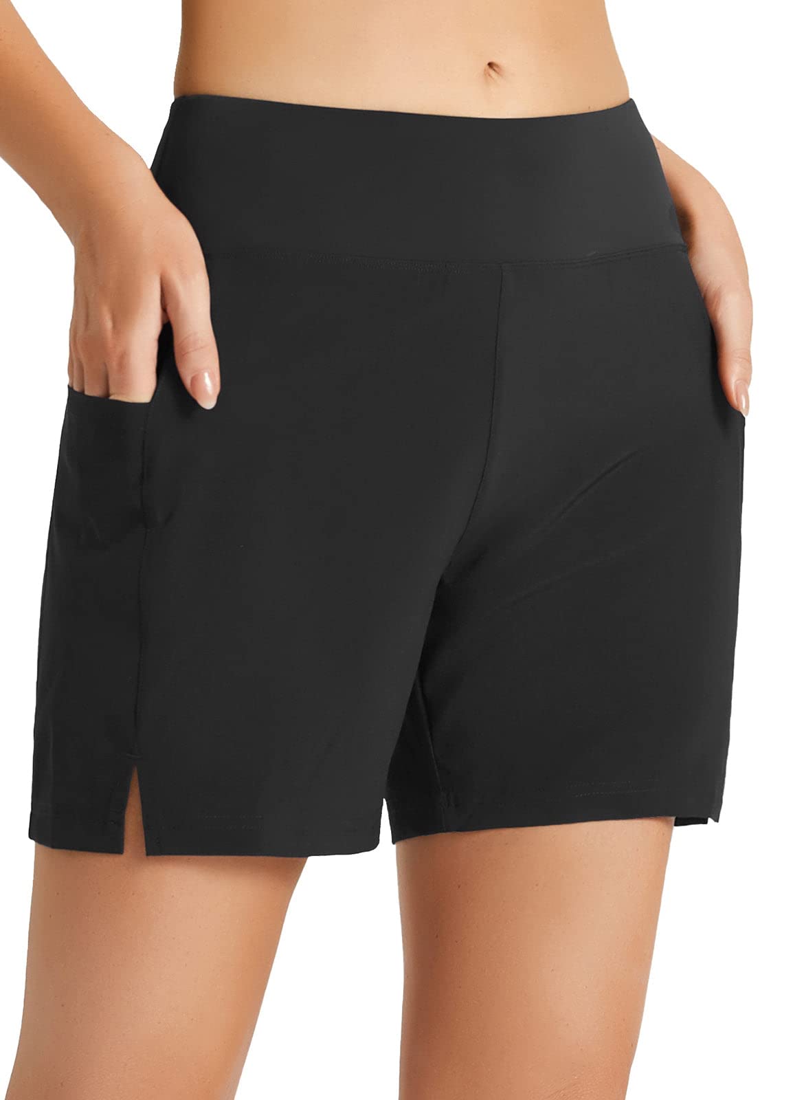 BALEAF Swim Shorts Women High Waisted 5 Inch Tummy Control Bathing Suit Bottoms Swimming Shorts Quick Dry with Pockets Black M