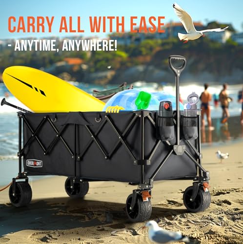 Overmont 45'' Collapsible Foldable Extended Wagon Cart - 300L Heavy Duty 440lbs Large Capacity Folding Utility Wagon with All-Terrain Wide Wheels for Camping Sports Grocery Picnic