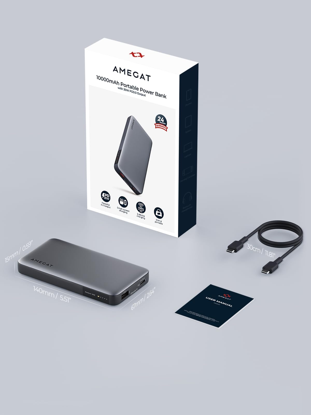 AMEGAT Portable Charger 10000mah, 30W Power Bank USB C in&Out PD Fast Charging, Slim Portable Phone Charger for Travel, Battery Pack for iPhone, MacBook, Laptops, Earbuds and More