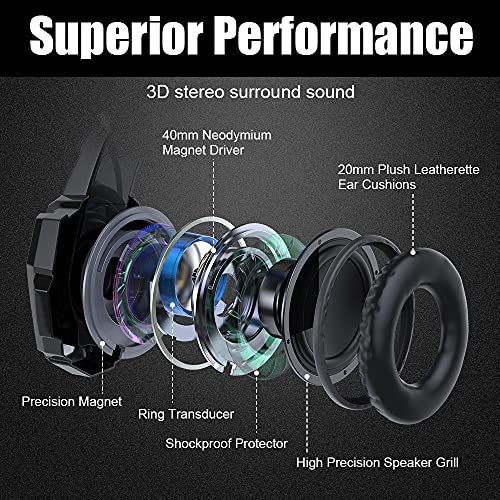 BENGOO G9000 Stereo Gaming Headset for PS4 PC Xbox One PS5 Controller, Noise Cancelling Over Ear Headphones with Mic, LED Light, Bass Surround, Soft Memory Earmuffs for Laptop Mac - Black