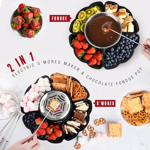 2 in 1 Electric S’mores Maker & Fondue Pot, Tabletop Indoor Smores kit with 4 Roasting Forks, 4 Detachable Trays & 1 Flameless Temperature-controlled Heater, Movie Night Supplies & Housewarming Gifts