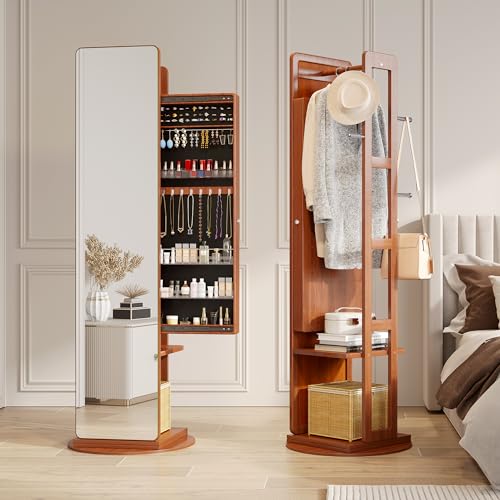LVSOMT 360° Swivel Jewelry Armoire, Rotatable Full Length Mirror with Jewelry Storage, Standing Jewelry Cabinet with Coat Rack, White, Soild Wood