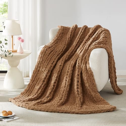 L'AGRATY Chunky Knit Blanket Throw - Soft Chenille Yarn Throw Blanket 50x60: Handmade Thick Cable Knit Crochet Blanket - Large Knit Blanket Chunky Rope Knot Throw Blanket for Couch Sofa Bed Home Decor