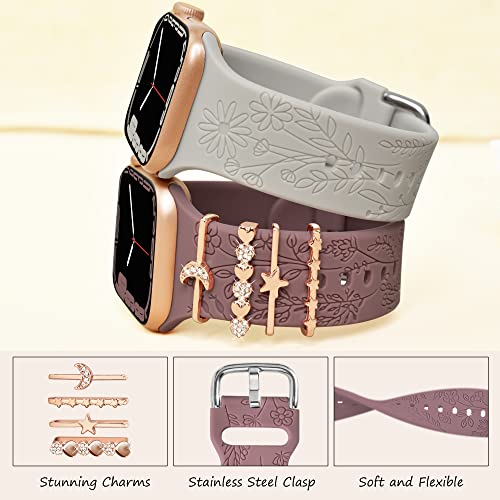 YOPICKERN 4 Pack Floral Engraved Bands with Charms Compatible with Apple Watch Band 40mm 41mm 38mm, Soft Women Sport Silicone Strap Replacement Wristbands for iWatch Bands Series 9 SE 8 7 6 5 4 3 2 1
