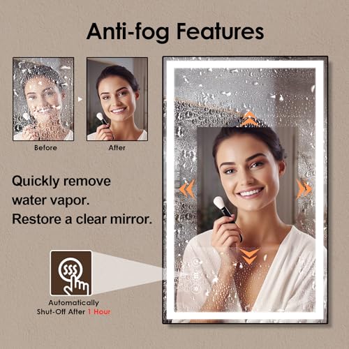 YOOSHINE LED Bathroom Mirror Metal Frame with Lights 24x32 Front and Backlit Lighted Vanity Mirrors for Wall Mounted Dimmable Anti-Fog Memory Function Tempered Glass Horizontal Vertical