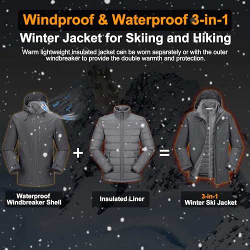 33,000ft Men's Waterproof 3-in-1 Ski Jacket, Warm Mountain Windbreaker Snow Rain Jackets Winter Coat with Puffer Jacket