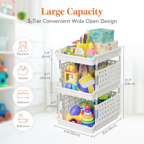 Lifewit Plastic Stackable Storage Baskets, 3 Tier Stacking Bins for Closet Wardrobe, Playroom, Kitchen and Pantry Organization, Large Capacity Multi-Functional Storage Containers Shelves, White