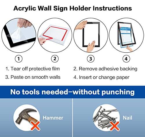 VAIIGO 8.5" x 11" Acrylic Sign Holder Wall Mount, Self-Adhesive Magnetic Display Frame with Nano Tape and Strong Magnetic Border for Wall, Door, Glass, Home, Store, Office (Black, 3Pack)