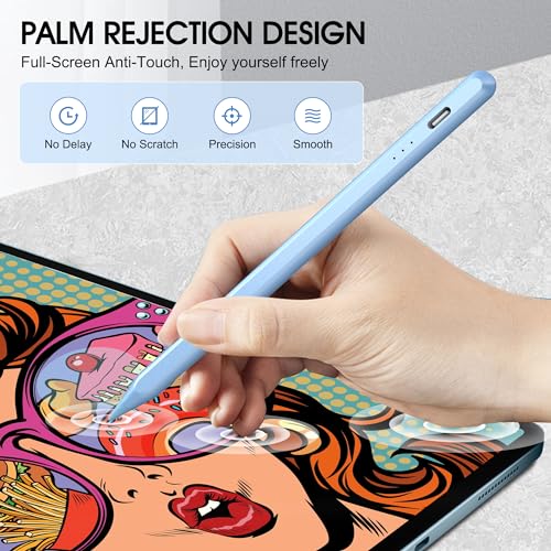 AOPCREZON Stylus Pen for iPad,Palm Rejection Tilt Sensitivity Fast Charging Pencil Work for 2018 Or Later iPad 10/9/8/7/6th Gen,Pro 12.9&11",Air 5th/4th/3rd Gen,4 Replacement Nibs (Blue)