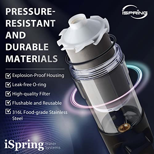 iSpring WSP50ARJ Spin-Down Sediment Water Filter, Upgraded Jumbo Size, Large Capacity, Reusable with Touch-Screen Auto Flushing Module, Brass Top Clear Housing, 50 Microns