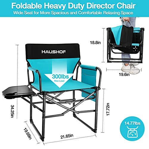 HAUSHOF Camping Chair with Side Table and Storage Pockets, Portable Folding Directors Chair, Heavy Duty Camp Chair for Adults Outdoor Fishing Beach, Green